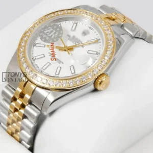"Two Yellow Gold White Dial Stone Bezel "