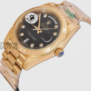 "Yellow Gold Automatic Watch with Black Dial and Fluted Bezel "