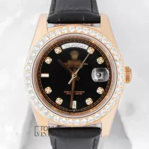 "Yellow Gold Automatic Watch with Black Dial and Leather Strap "