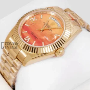 "Yellow Gold Automatic Watch with Peach Dial "