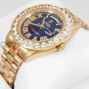 Yellow Gold Blue Dial Stone Bezel Automatic Watch