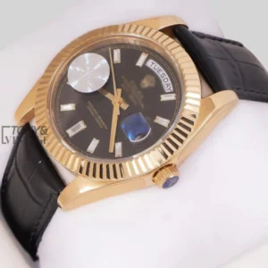 "Yellow Gold Case Black Dial & Leather Strap Automatic Watch "