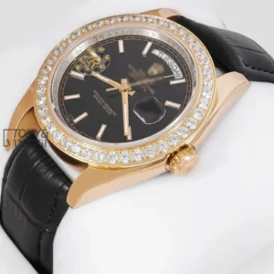 Yellow Gold Case Black Dial & Leather Strap Automatic Watch