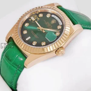 "Yellow Gold Case Green Dial & Leather Strap Automatic Watch "