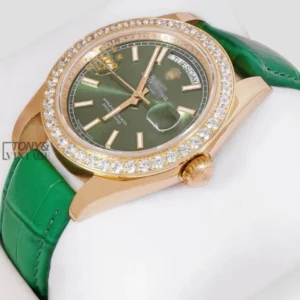 "Yellow Gold Case Green Dial & Leather Strap Automatic Watch "