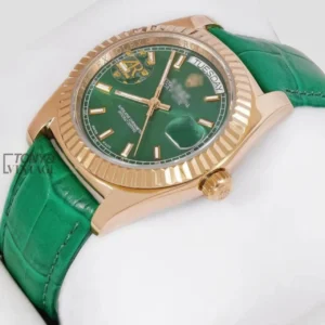 Yellow Gold Case Green Dial & Leather Strap Automatic Watch