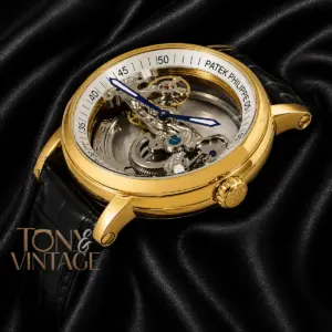 Yellow Gold Case Skeleton Dial Black Leather Strap for Men