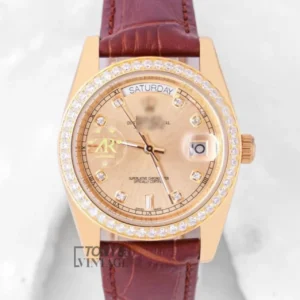 "Yellow Gold Case with Dial and Brown Leather Strap Automatic Watch "