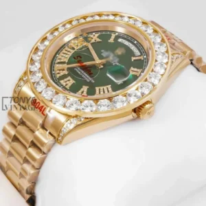 "Yellow Gold Green Dial Stone Bezel Automatic Watch "