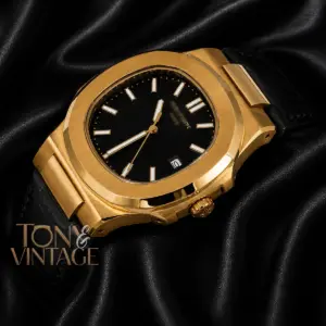 Yellow Gold Watch with Black Dial and Leather Strap