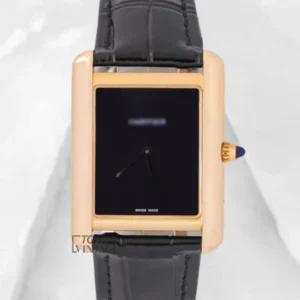 Yellow Gold Watch with Black Dial and Leather Strap