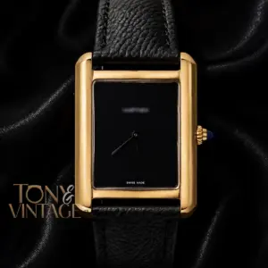 Yellow Gold Watch with Black Dial and Leather Strap