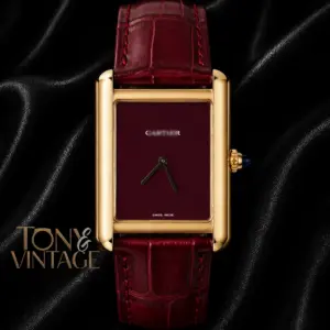 Yellow Gold Watch with Maroon Dial and Leather Strap