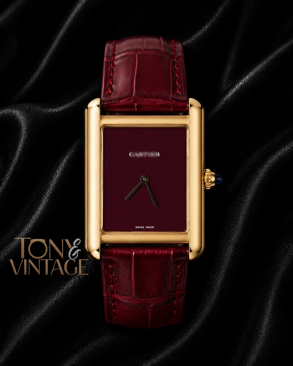 Yellow Gold Watch with Maroon Dial and Leather Strap