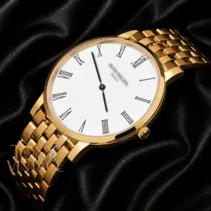 Yellow Gold Watch with White Dial and Chain