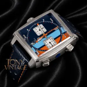 x Gulf Calibre 11 Chronograph Silver Case with Blue Leather Strap