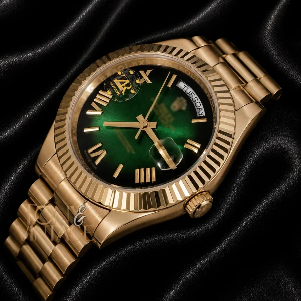 40mm Yellow Gold Watch with Green Dial, Roman Numerals & Fluted Bezel