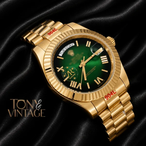 40mm Yellow Gold Watch with Green Dial, Roman Numerals & Fluted Bezel2 copy