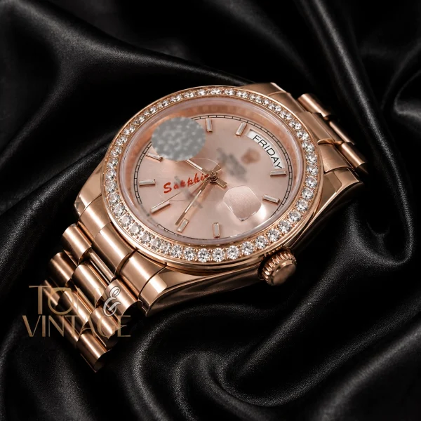 All Rose Gold Stone Bezel Automatic Watch