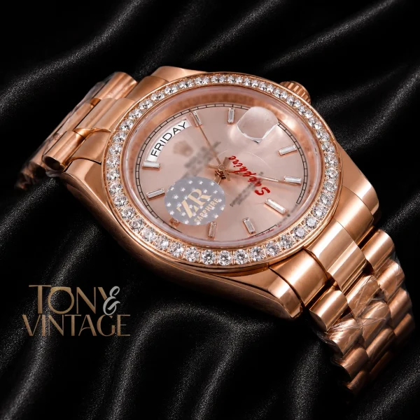 All Rose Gold Stone Bezel Automatic Watch2 copy