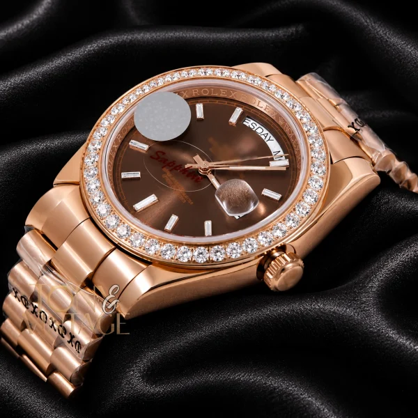 All Rose Gold Stone Bezel & Deep Brown Dial Automatic Watch