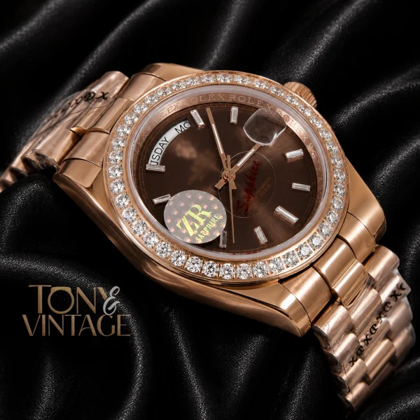 All Rose Gold Stone Bezel & Deep Brown Dial Automatic Watch2 copy