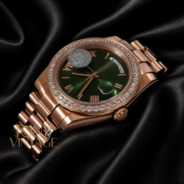 "All Rose Gold Stone Bezel & Deep Green Dial Automatic Watch "