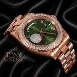 "All Rose Gold Stone Bezel & Deep Green Dial Automatic Watch "