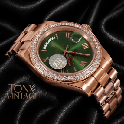 "All Rose Gold Stone Bezel & Deep Green Dial Automatic Watch "