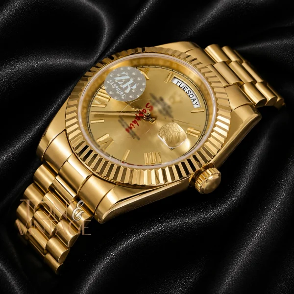 All Yellow Gold Automatic Watch with Roman Dial and Fluted Bezel