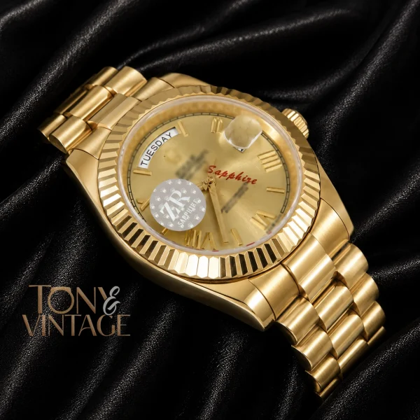All Yellow Gold Automatic Watch with Roman Dial and Fluted Bezel2 copy