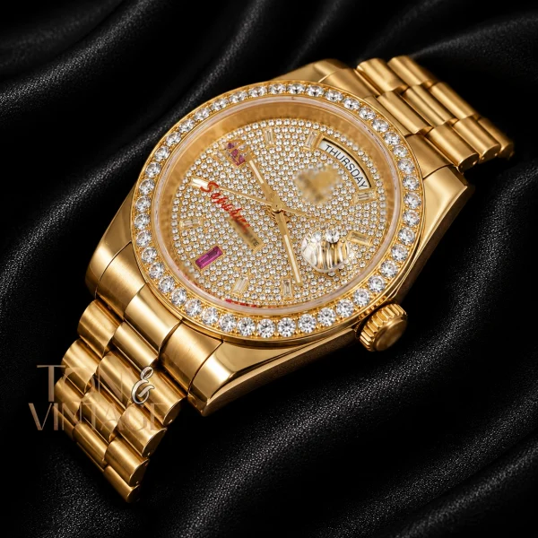 All Yellow Gold Automatic Watch with Stone Dial and Bezel