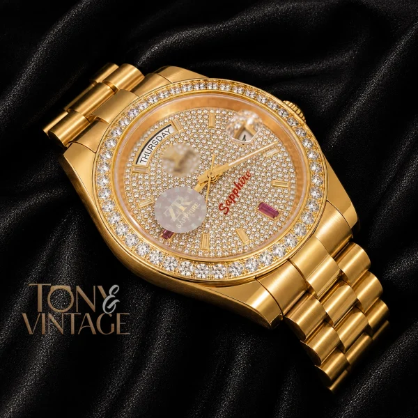 All Yellow Gold Automatic Watch with Stone Dial and Bezel2 copy