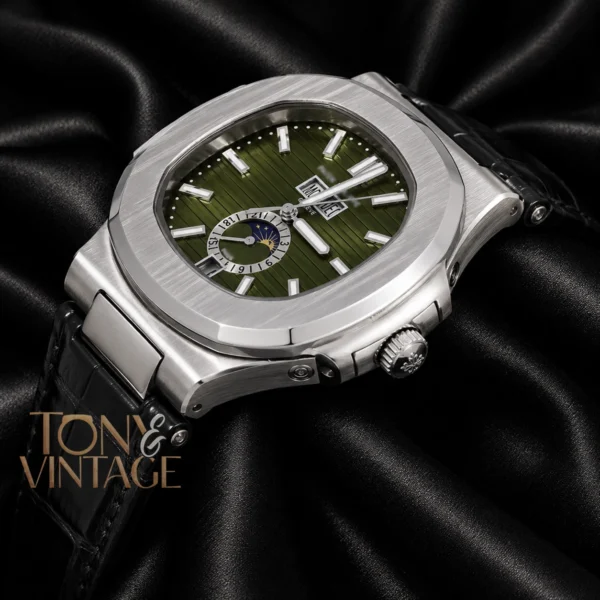 Annual Calendar Moon Phase Silver Case Green Dial Black Leather Strap