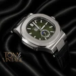 Annual Calendar Moon Phase Silver Case Green Dial Black Leather Strap