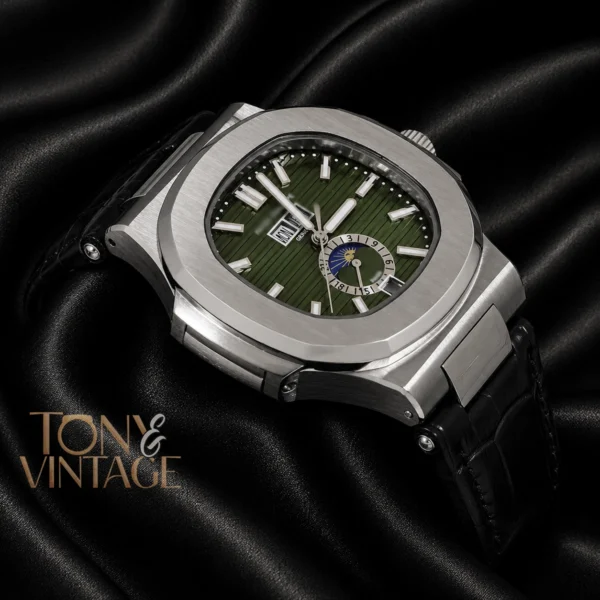 Annual Calendar Moon Phase Silver Case Green Dial Black Leather Strap 2 copy