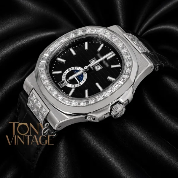 Annual Calendar Moon Phase Silver Watch with Stone Case, Black Dial, and Leather Strap