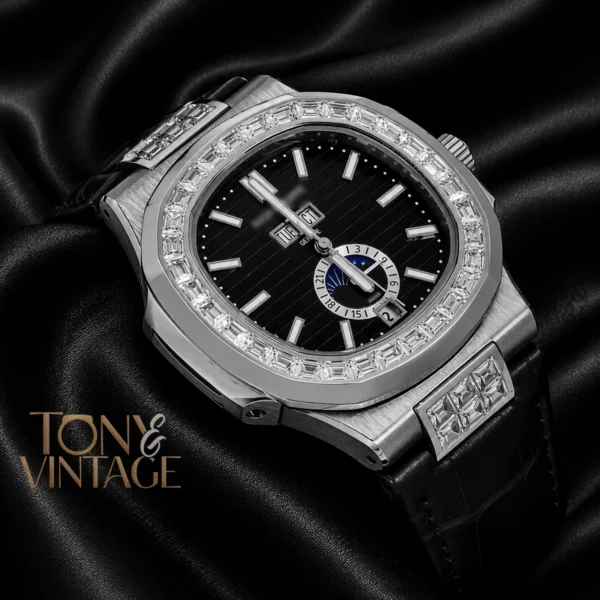 Annual Calendar Moon Phase Silver Watch with Stone Case, Black Dial, and Leather Strap 2 copy