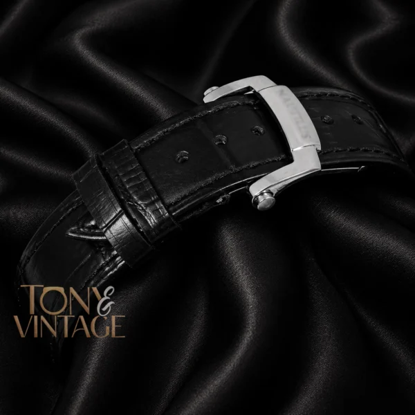 Annual Calendar Moon Phase Silver Watch with Stone Case, Black Dial, and Leather Strap