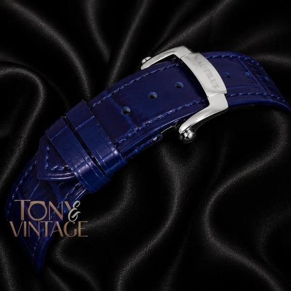 Annual Calendar Moon Phase Silver Watch with Stone Case, Blue Dial, and Leather Strap