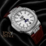 Annual Calendar Moon Phase Silver Watch with Stone Case, White Dial, and Brown Leather Strap