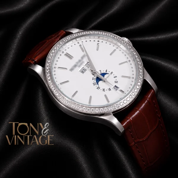 Annual Calendar Moon Phase Silver Watch with White Dial, Stone Bezel, and Leather Strap 2 copy