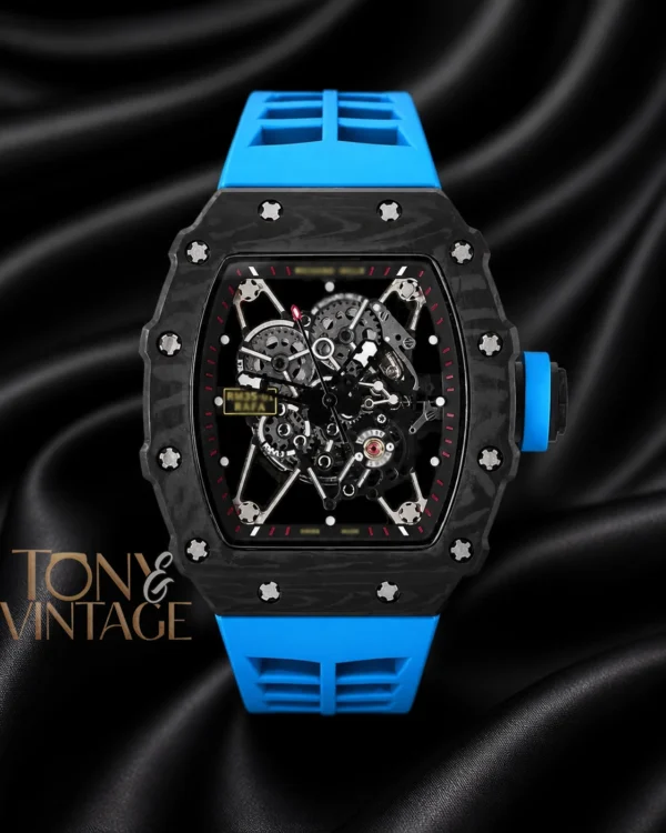 Automatic Black Watch With Skeleton Dial and Blue Rubber Strap 1 copy