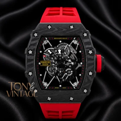 Automatic Black Watch With Skeleton Dial and Red Rubber Strap