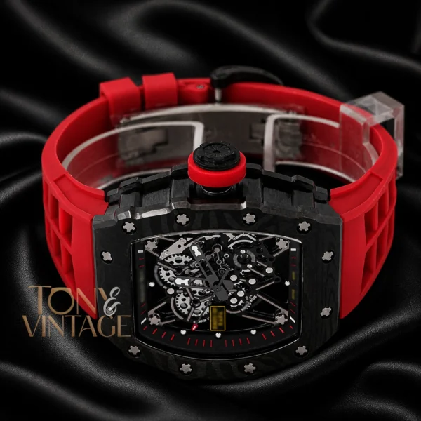 Automatic Black Watch With Skeleton Dial and Red Rubber Strap