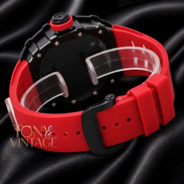 Automatic Black Watch With Skeleton Dial and Red Rubber Strap