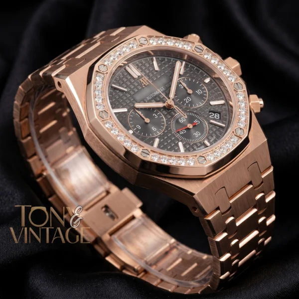 Chronograph Rose Gold Black Dial Stone Bezel 2 copy