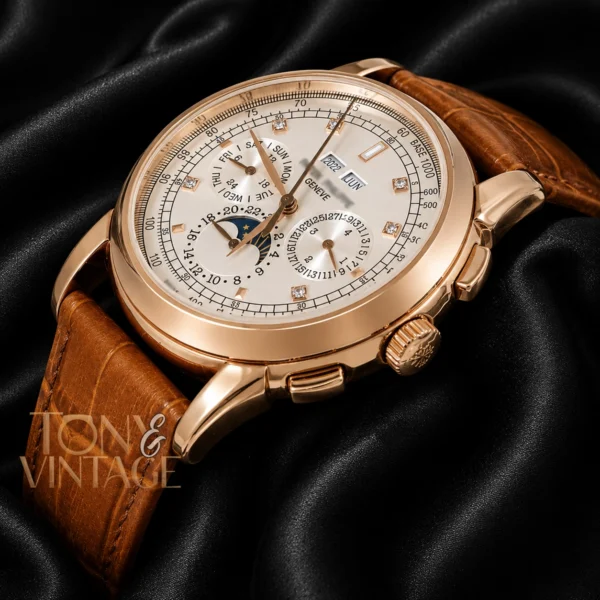 Chronograph Rose Gold Case Silver Dial Brown Leather Strap