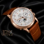 Chronograph Rose Gold Case Silver Dial Brown Leather Strap