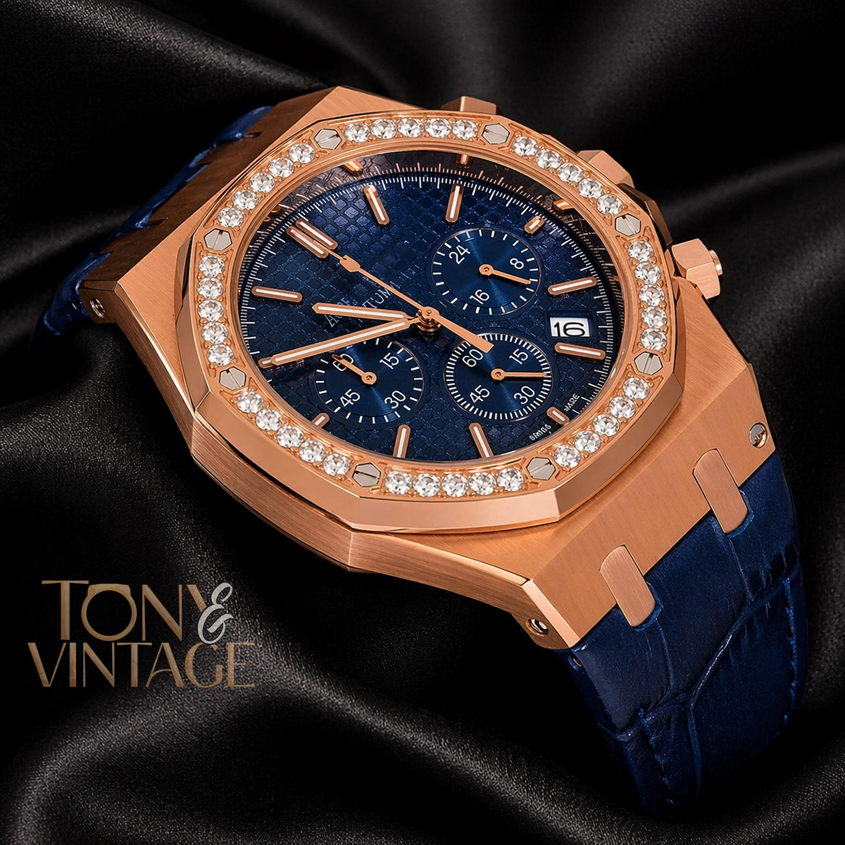 Chronograph Rose Gold Stoned Bezel Blue Dial Leather Strap 2 copy